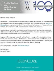 Amélie Rouleau et Marie-Chantal Kaninda, de Glencore, nommées parmi les 100 Femmes les plus inspirantes du monde dans le secteur minier