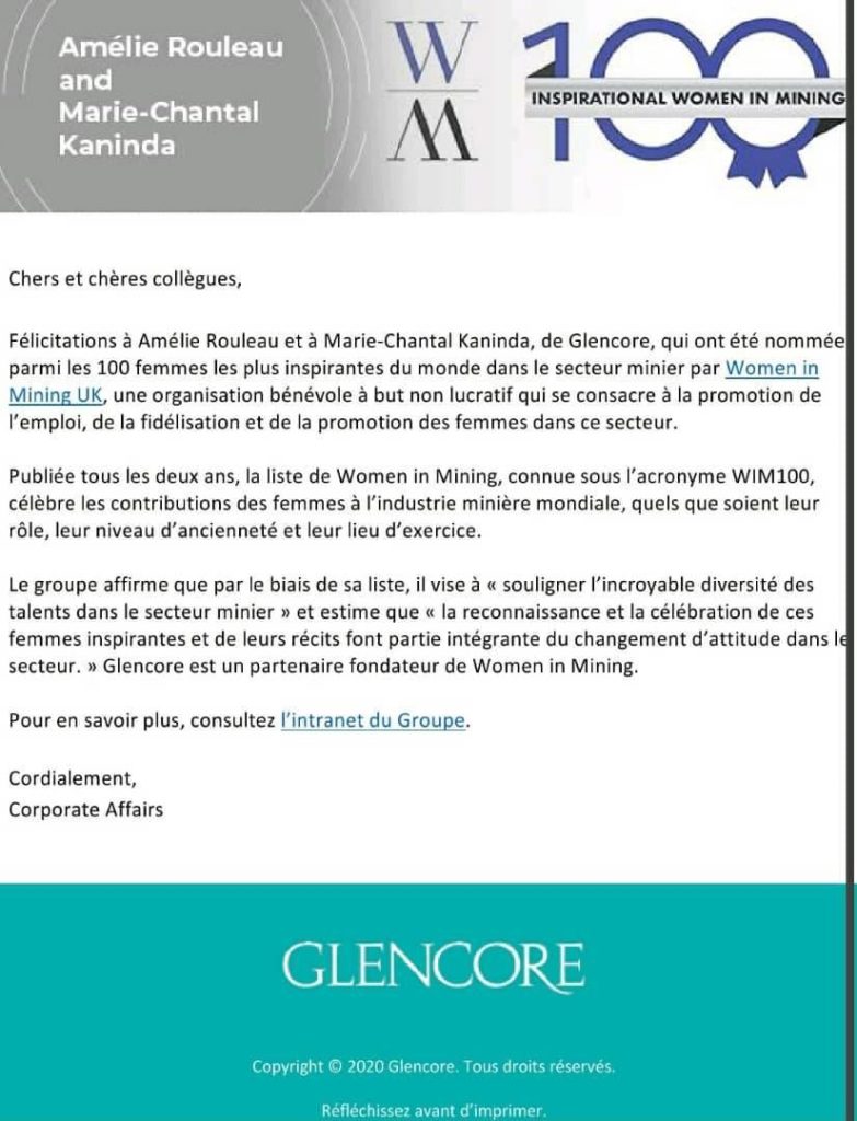 Amélie Rouleau et Marie-Chantal Kaninda, de Glencore, nommées parmi les 100 Femmes les plus inspirante du monde dans le secteur minier