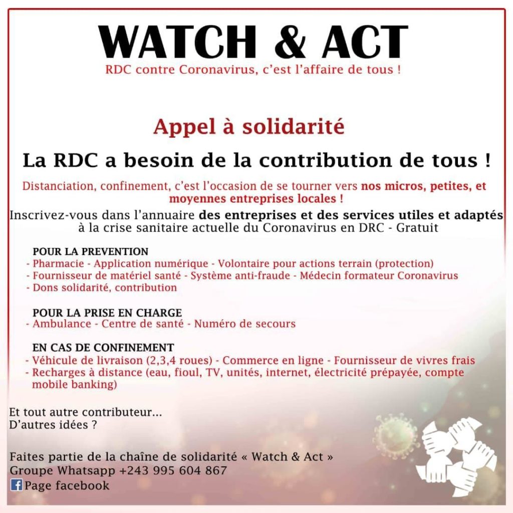 Watch & Act Appel à la Solidarité contre la COVID19 en RDC